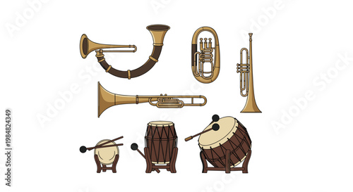 Collection of traditional Korean musical instruments including various drums and wind instruments used in folk music and cultural ceremonies.