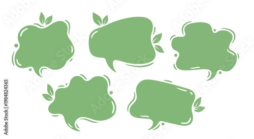 Collection of organic green speech bubbles with leaf accents for natural conversation or eco-friendly messages