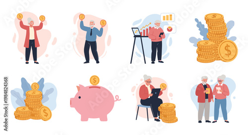 Set of illustrations featuring elderly individuals managing their finances and savings through banking, investment, and pension planning.