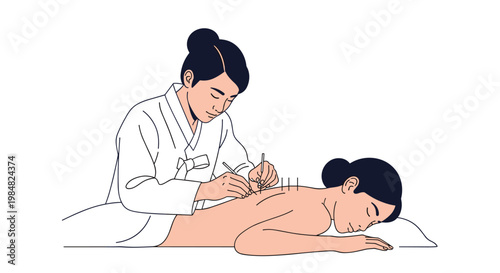 Professional practitioner performs traditional acupuncture therapy on a female patient to promote holistic health and pain relief in a clinic.