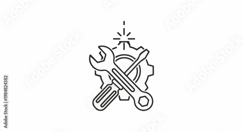 Crossed wrench and screwdriver over gear symbol with sparks