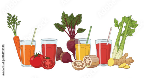 Assorted colorful glasses of fresh vegetable juices and smoothies served with organic raw ingredients for a healthy and nutritious diet.