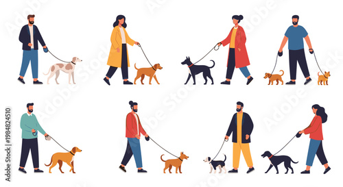 Collection of diverse people walking various breeds of dogs on leashes showing an active community lifestyle and pet ownership in the city.