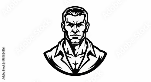 Stylized black and white illustration of a determined man's bust
