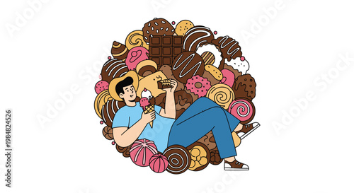 Contented man relaxes within a giant pile of sweets, chocolates, donuts, and pastries representing indulgence and sugar cravings.