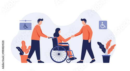 Man pushing a woman in a wheelchair as she shakes hands with another man in a public space promoting accessibility and inclusion.