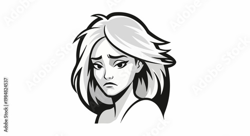 Stylized black and white drawing of a young woman with a sad or worried expression