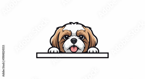 Cute cartoon dog peeking over a blank white bar