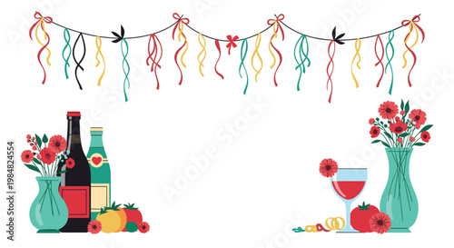 Festive party setup featuring colorful streamers, wine, a red drink, tomatoes, and vases of red flowers on a white background.