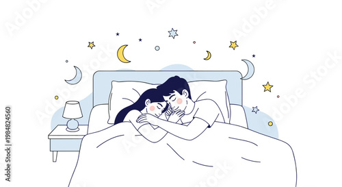 Young couple sleeps soundly in a cozy bed under the covers surrounded by a whimsical night sky with stars and moons.
