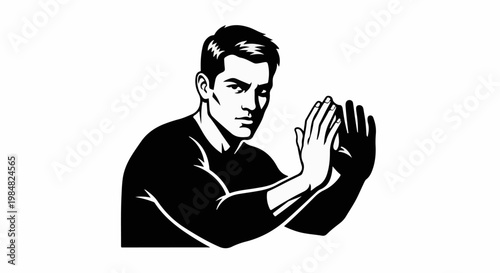 Dynamic illustration of a determined man in a martial arts pose, striking a powerful stance