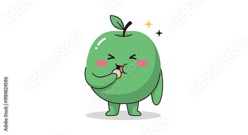 Happy green apple character with pink cheeks and a small seed-like snack in its hand representing healthy eating and snacks.