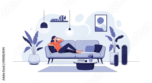 Young woman lies comfortably on a sofa in a stylishly decorated modern living room with plants, art, and a coffee table.