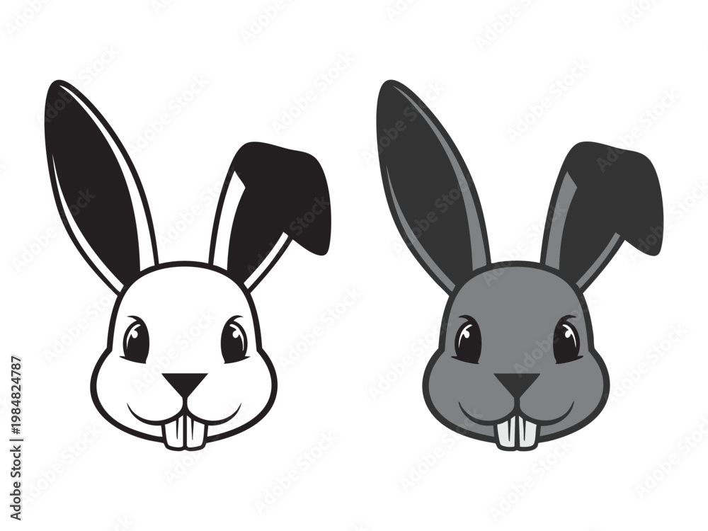Obraz premium Cartoon rabbit faces in black and white and gray isolated on a white background