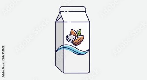 Simple illustration of almond milk carton with nuts and leaves