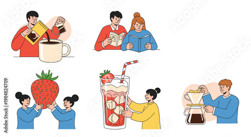 Collection of people engaged in positive habits like brewing coffee, reading books, and eating a giant strawberry representing wellness.