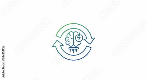 Circular arrows surrounding a brain with a lightning bolt and power symbol
