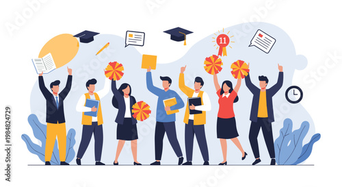 Joyful group of graduates celebrating their achievement with graduation caps, books, and pom-poms in a vibrant festive scene.