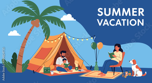 Happy family enjoying a summer camping trip with a tent, reading together, and their dog under a tropical palm tree at night.