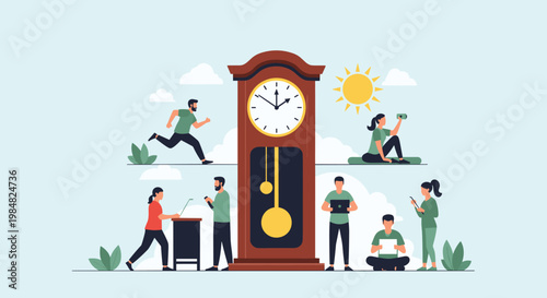 Group of diverse people performing various daily tasks like running, working on laptops, and reading around a large grandfather clock.