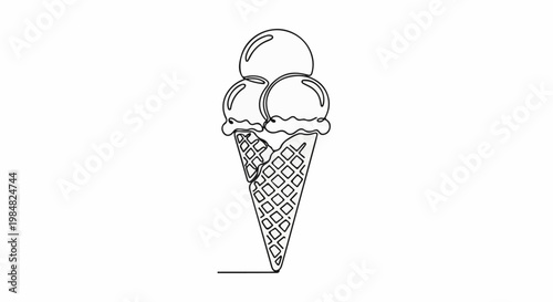 A simple line art drawing of a waffle cone with three scoops of ice cream