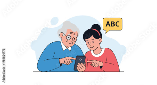 Patient young woman helps an elderly man learn how to use a smartphone for communication and language learning tasks.