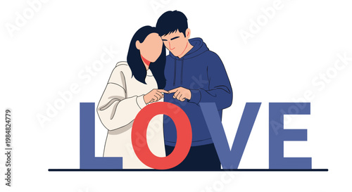 Young couple in love stands together with the letters of the word love displayed prominently in front of them against a white background.