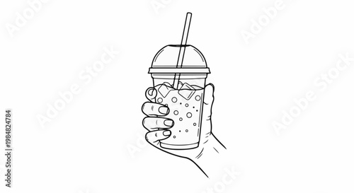 Hand holding a cold beverage with ice and a straw
