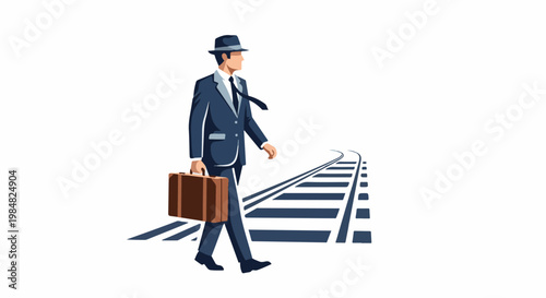 Man in suit and hat walks along train tracks with briefcase