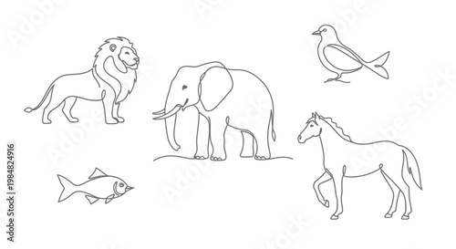 Line Drawings of Various Wild Animals.