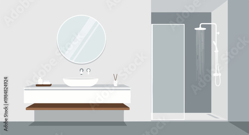 Modern minimalist bathroom with floating vanity, circular mirror, and glass shower enclosure