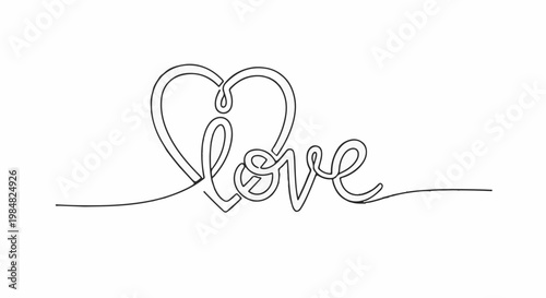 Elegant single-line drawing of the word "love" intertwined with a heart shape