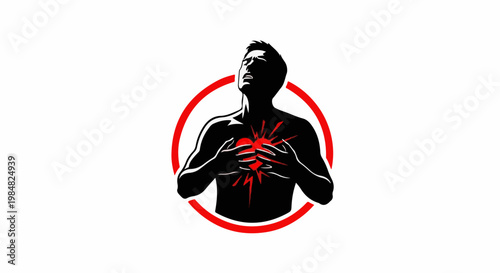 Man clutches chest over a red, bursting heart within a red circle