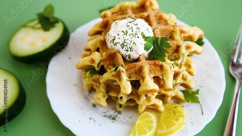 homemade zucchini waffles with creamy topping and parsley garnish