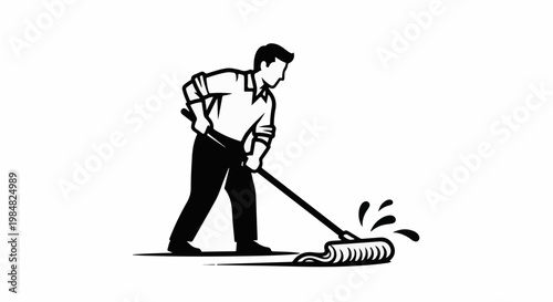 Person cleaning floor with a mop and water splashes