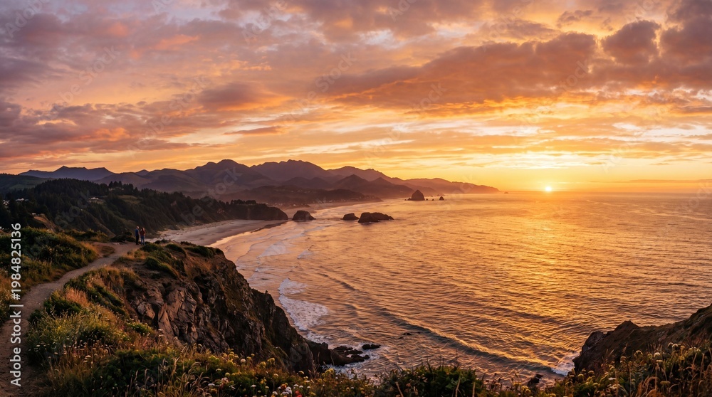 Obraz premium Haystack rock cannon beach sunset over ocean coastline