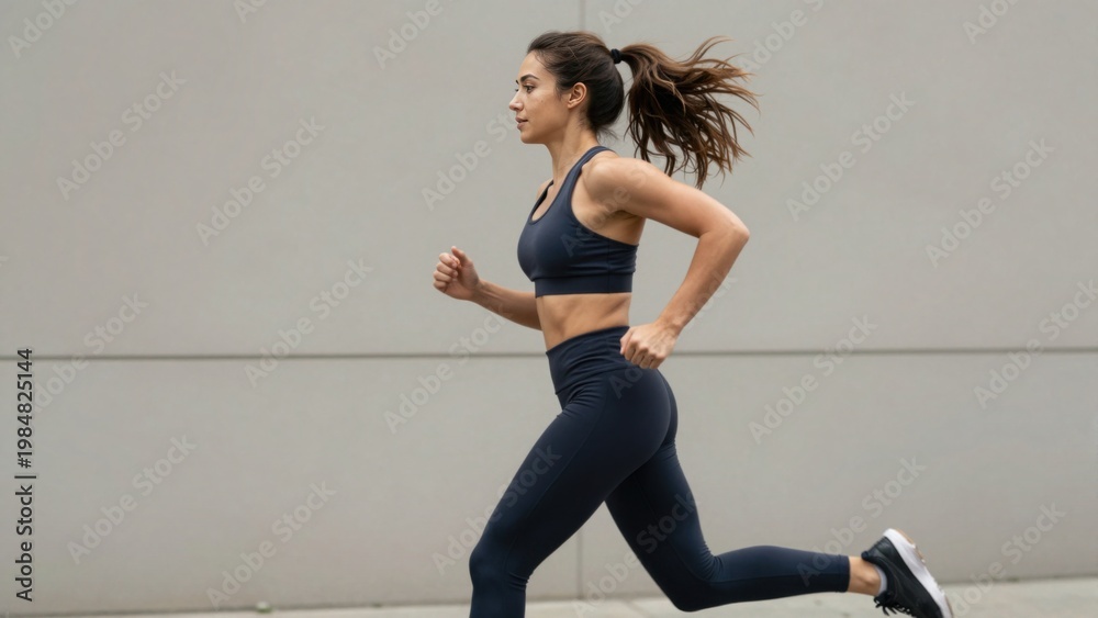 Fototapeta premium Woman running outdoors in urban workout daytime setting