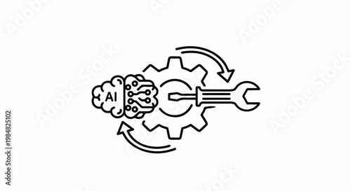 AI-powered machinery with gears, tools, and brain circuit