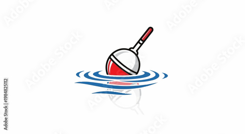 Red and white fishing float bobbing in blue water with reflection