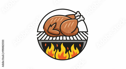 Roasted chicken cooking on a grill over flames