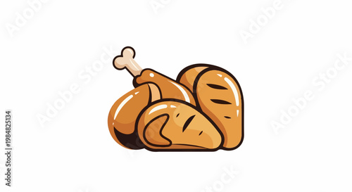 Roasted chicken drumstick and loafs of bread, cartoon style