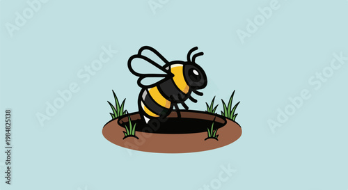 Cartoon bee poised above a hole in the ground surrounded by grass