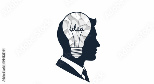 Silhouette of a head with a crumpled lightbulb representing an idea inside