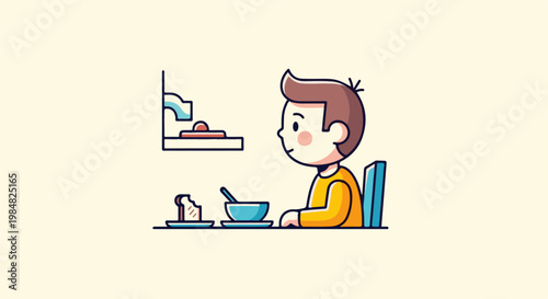 Cartoon boy eating breakfast at table with toast and bowl of food