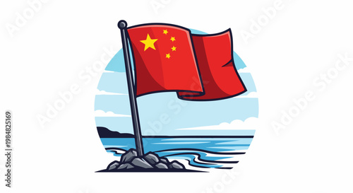 Red flag with yellow stars waves on pole atop rocks by blue water