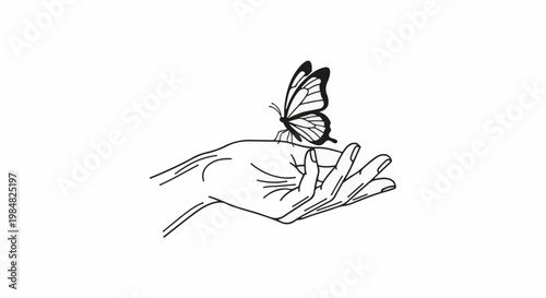 Delicate hand cradles a beautiful butterfly against a clean background