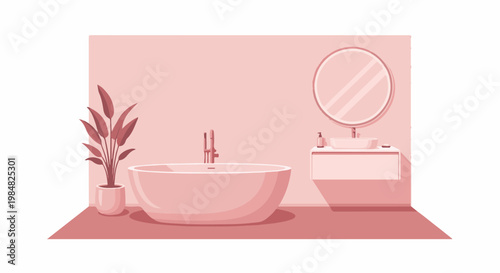 Modern bathroom with a standalone tub, sink, and potted plant