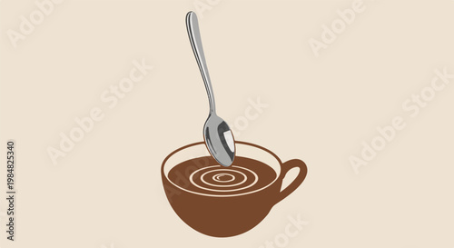 A spoon stirs ripples in a cup of brown liquid