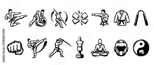 Set of hand-drawn martial arts icons showing various combat sports techniques, weapons, and symbols in a black ink brush stroke style for self-defense and training concepts