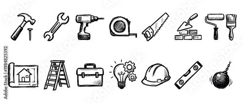 Set of hand-drawn construction tool icons in a black and white sketch style, including a hammer, drill, saw, blueprint, and hard hat for building and repair projects